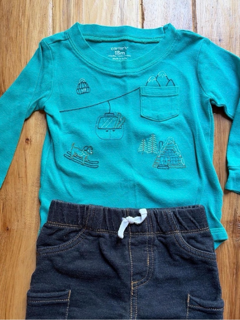 Carter's Teal Long-Sleeve Tee with Ski Mountain Graphic